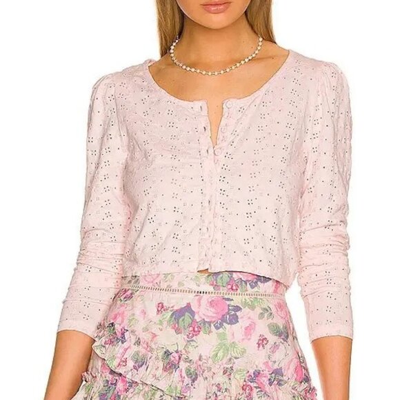 LoveShackFancy Sweaters - LoveShackFancy Jonah Crop Cardigan Blush Eyelet Button Front Sweater Size S